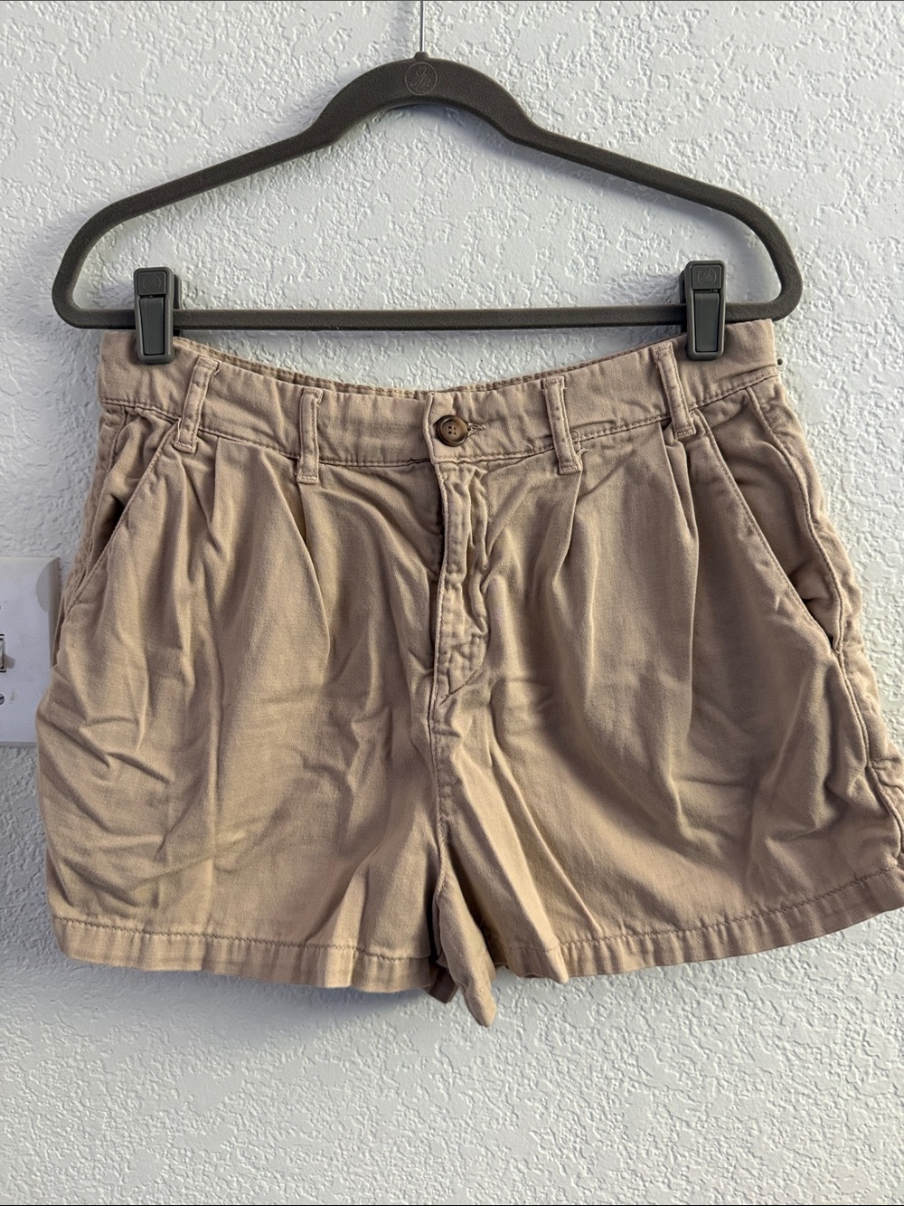 Free People Pleated Khaki Bermuda Shorts with Button Waist